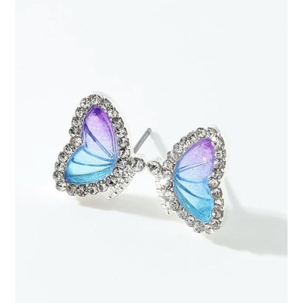 Butterfly Stud Earrings Statement Ombre Purple Blue W/ Silver Accent Jewelry
